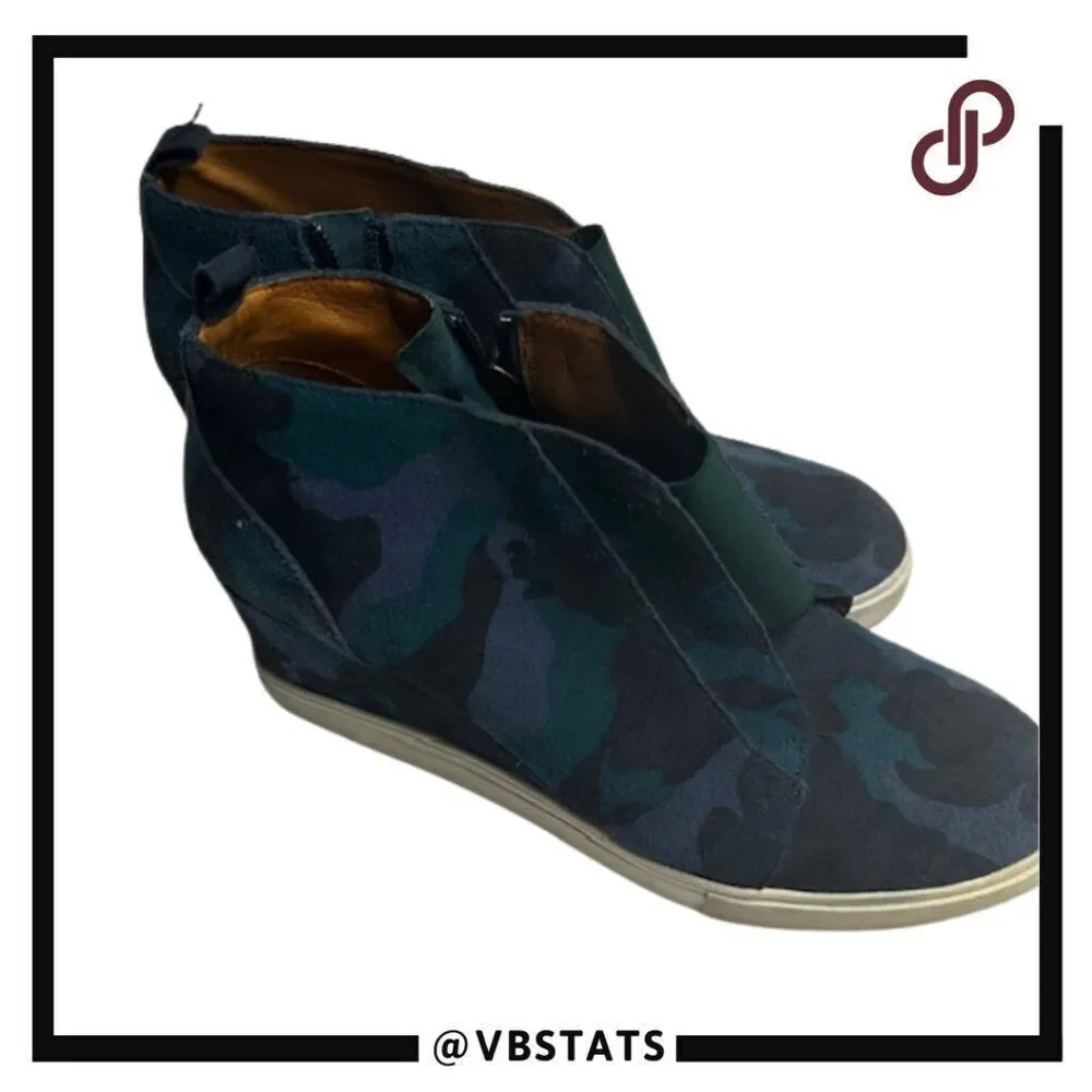 Linea Paola Wedge Shoes size 7.5 Blues and Black Camo Design‎
